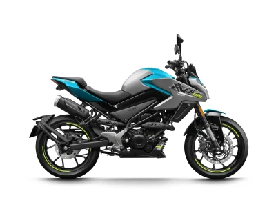 Side view of a modern, blue and grey 125NK sport motorcycle with black wheels and neon yellow accents, isolated on a white background.