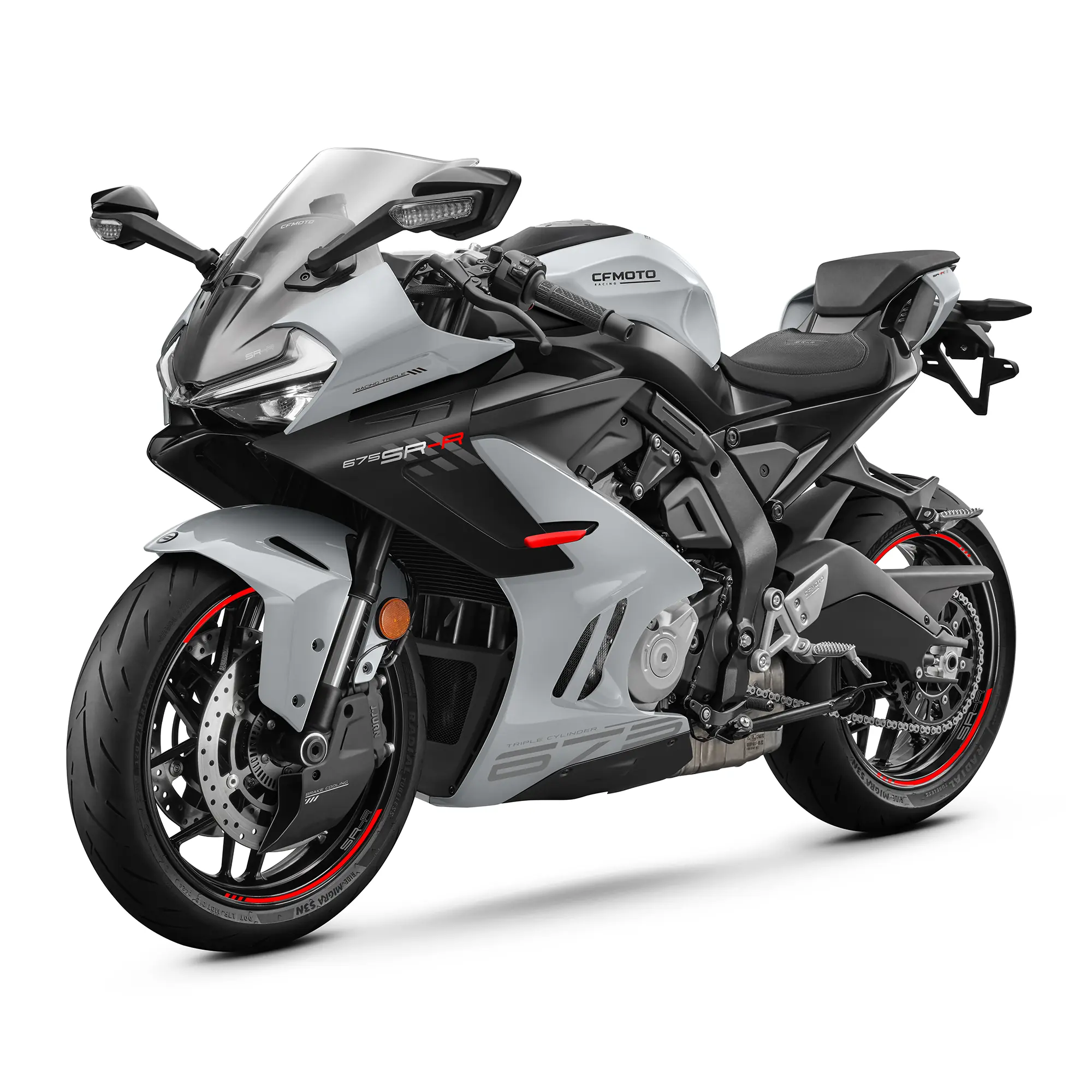 A silver CFMOTO 675SR sport motorcycle from cfmoto motorcycles features aerodynamic fairings, a black seat, red-accented wheels, and modern styling, photographed on a white background.