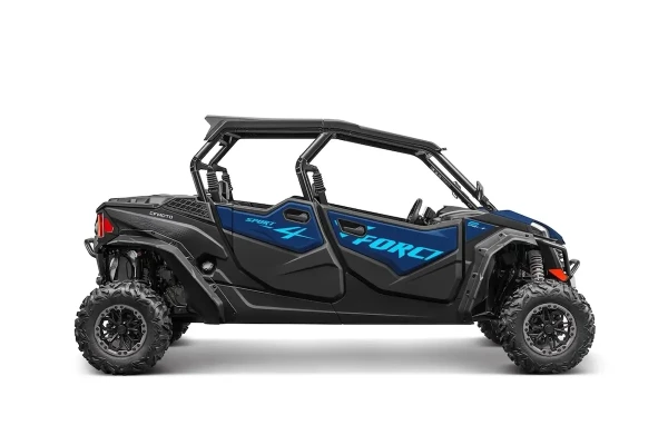 A blue and black zforce 950 sport off-road utility vehicle with four seats, large rugged tires, and an open frame, shown from the side.