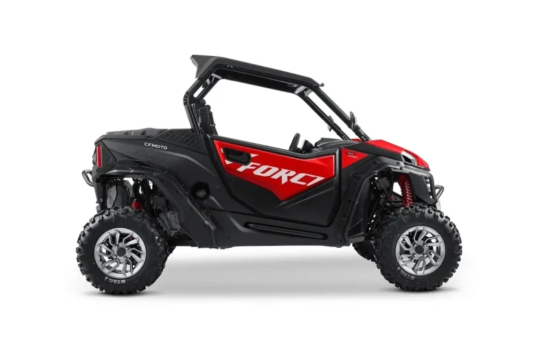 ZFORCE 950 SPORT_Magma Red_Right A red and black ZFORCE 950 Sport off-road side-by-side utility vehicle with large rugged tires is shown in a profile view against a white background.