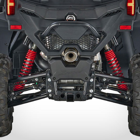 sxs_zforce-950-sport_fh-3 Rear view of a zforce 950 sport off-road vehicle showcasing its suspension system, red shock absorbers, exhaust pipe, and rugged tires.