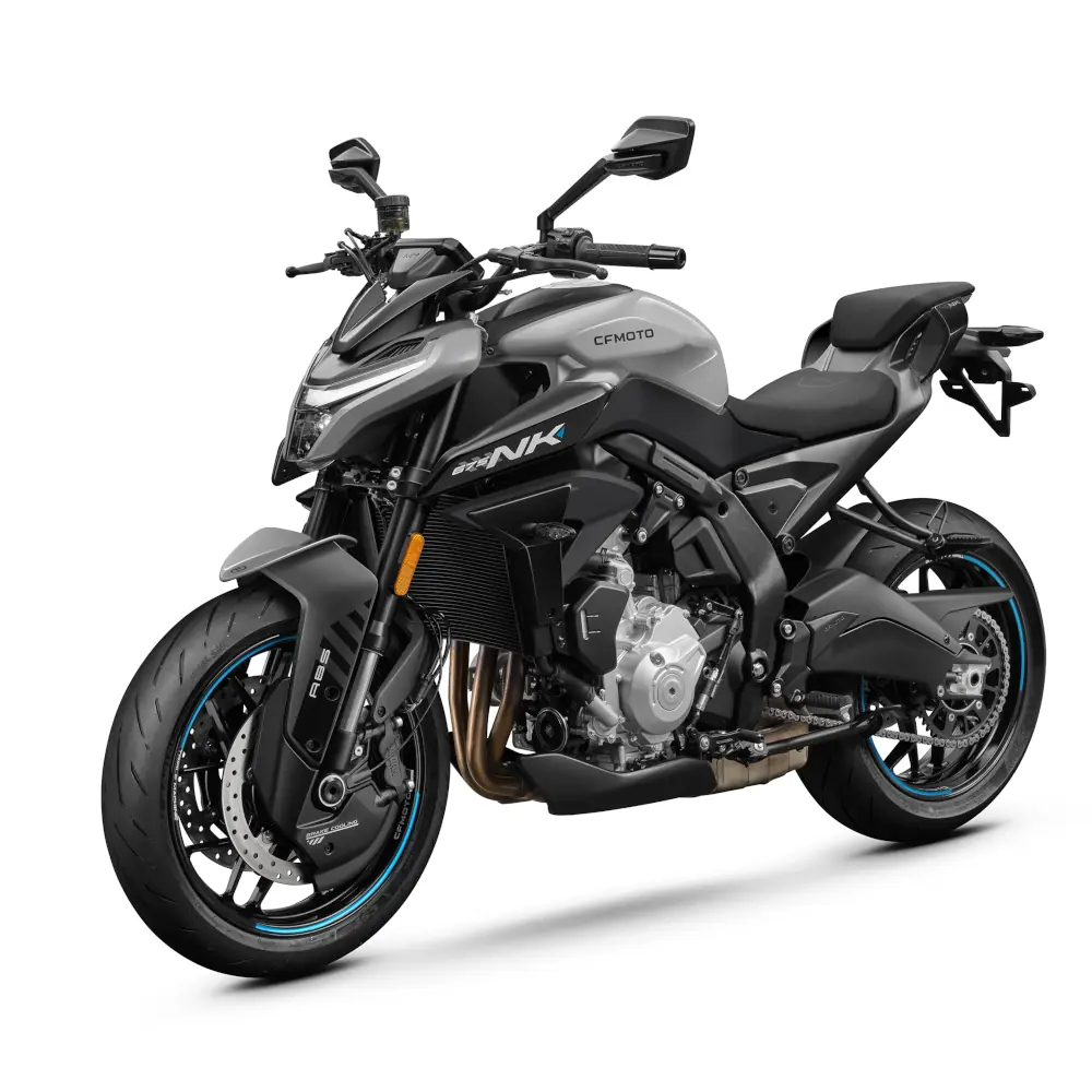 A matte grey CFMOTO 800NK motorcycle shown from a front-side angle, featuring a naked bike design, alloy wheels, and modern styling that exemplifies the innovation of CFMOTO motorcycles.