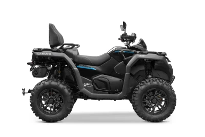 Side view of a black CFMOTO ATV with rugged tires, a high backrest, side mirrors, and blue accent details on a white background.