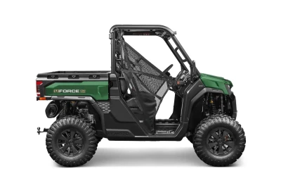 Side view of a green UFORCE U10 PRO HIGHLAND utility terrain vehicle with large off-road tires, mesh side door, and open cab.