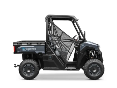 Side view of a black UFORCE 600 electric utility vehicle with mesh doors and rugged off-road tires.