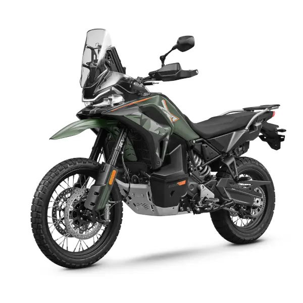 A green and black CFMOTO adventure motorbike with knobbly tyres, a tall windscreen, and rugged features is shown on a white background.