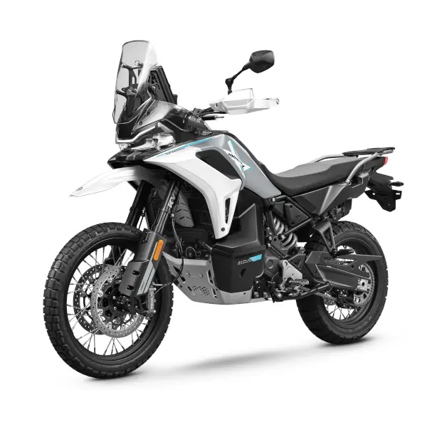 A white and black CFMoto adventure motorbike with off-road tyres, tall windscreen, and high ground clearance is shown on a white background.