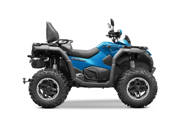 A blue four-wheeled all-terrain vehicle (ATV) with a raised seat, rear backrest, and black details, viewed from the side against a white background.