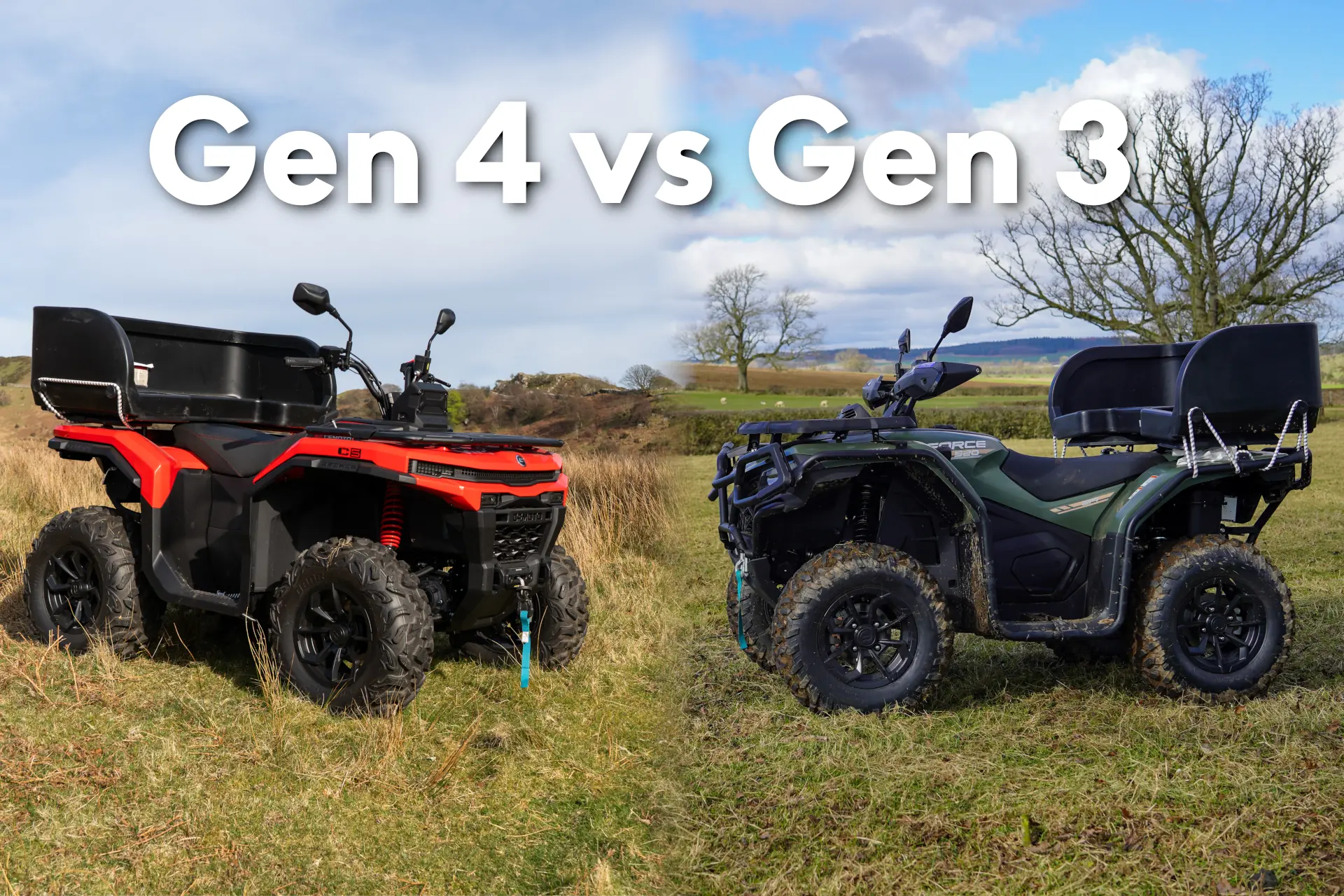 A red CFMOTO CFORCE C5 Gen 4 ATV and a green CFMOTO CFORCE C4 Gen 3 ATV are parked side by side on grass, with “Gen 4 vs Gen 3” text above them.