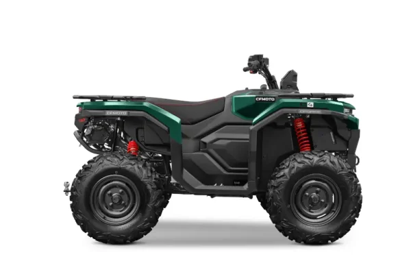 Side view of a green CFMOTO all-terrain vehicle (ATV), built on the advanced CFMOTO C Platform, featuring black tyres, red suspension springs, and visible handlebar controls against a white background.