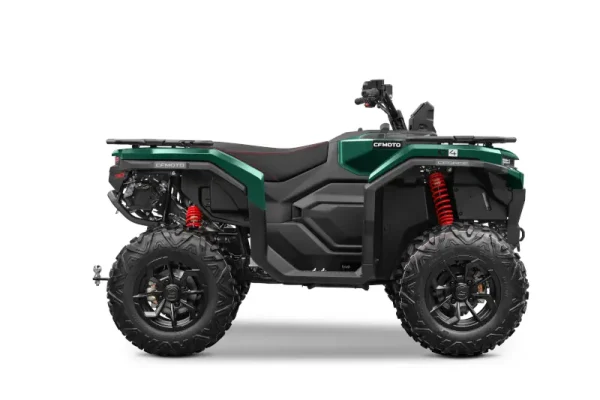 Side view of a green and black all-terrain vehicle (ATV), built on the CFMOTO C Platform, featuring four large tyres, red suspension springs, and a black seat, photographed on a white background.
